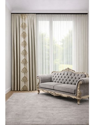 Perde Merkezi Damask Krem Gold Fon Perde Salon ve Misafir Odalarına Uygun 1/3 Sık Pileli Tek Kanat Lüks Modern Fon Perde
