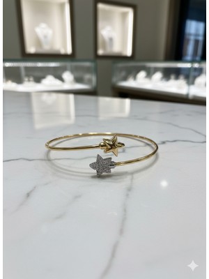 Septemmart Zirkon Taşlı Kararmaz Esnek Yıldız Figürlü Gold Çelik Kelepçe Bilezik