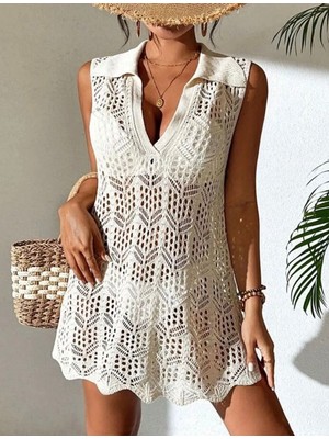 Yuga Knitting Kadın Triko Örgü Ajur Desenli Yakalı Plaj Elbisesi