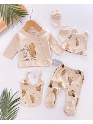 Çamaşır Kenti Hello Little Bear Baskılı 5 Parça %100 Pamuk Erkek Bebek Hastane Çıkışı