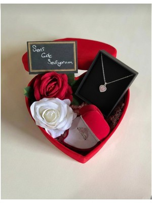 UltraMint Kırmızı Kalpli Kutuda Zarif Kolye ve Yüzük Seti, Sevgililer Günü Hediyesi