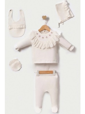 Çamaşır Kenti Lale Nakışlı Yenidoğan Kız Bebek 5 Parça Hastane Çıkışı Zıbın Seti