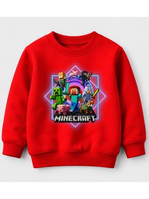 Efendioğlu Design Sweatshirt Ana Karakterler Mine Craft 8 Karakter Parlak Kare Içinde Pamuklu 3 Iplik Çocuk Sweat