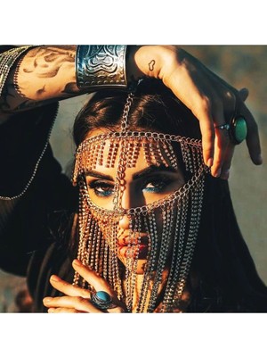 Ravinity Gümüş Taşlı Püsküllü Yüz Peçesi Dansöz Yüz Maskesi