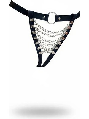 Beruflic Siyah Tanga - Külot Suni Deri Zincir Detaylı Halka Aksesuarlı - APFT1278