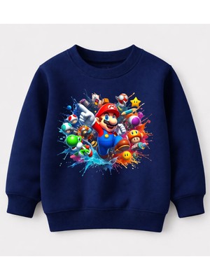 Efendioğlu Design Sweatshirt Renkli Mantarlar Dolu Mario Baskılı Pamuklu 3 Iplik Çocuk Sweatshirt