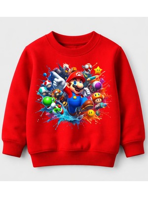 Efendioğlu Design Sweatshirt Renkli Mantarlar Dolu Mario Baskılı Pamuklu 3 Iplik Çocuk Sweatshirt