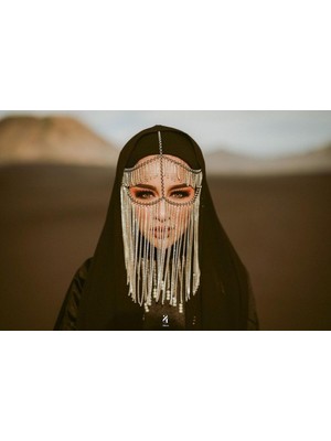 Ravinity Uzun Sallanan Zincirli Peçe, Gümüş Taşlı Yüz Peçesi