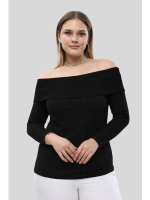 Büyük Beden Madonna Yaka Likralı Ribana Bluz-Siyah