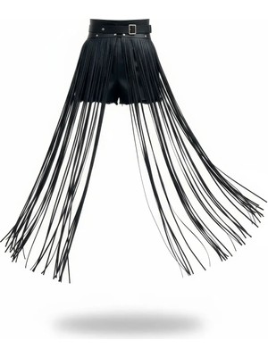 Çamaşır Kenti Siyah Etek Suni Deri Etek Uzun Püsküllü Yüksek Bel Etek - BRF1003