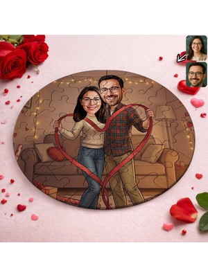 UltraMint Kişiye Özel Karikatürlü 20X20CM Yuvarlak Puzzle, Sevgililer Günü Hediye
