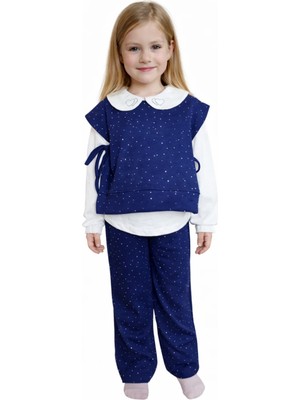 İrem Çocuk Giyim Kız Çocuk Full Taş Baskılı Yandan Bağlamalı Hırka Pantolon Uzun Kol Bluz Lacivert Renk Üçlü Takım