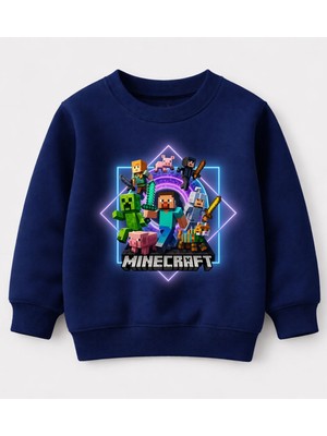 Efendioğlu Design Sweatshirt Ana Karakterler Mine Craft 8 Karakter Parlak Kare Içinde Pamuklu 3 Iplik Çocuk Sweat