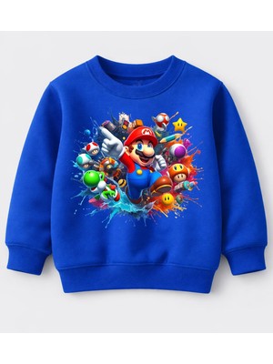 Efendioğlu Design Sweatshirt Renkli Mantarlar Dolu Mario Baskılı Pamuklu 3 Iplik Çocuk Sweatshirt