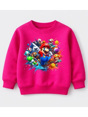 Efendioğlu Design Sweatshirt Renkli Mantarlar Dolu Mario Baskılı Pamuklu 3 Iplik Çocuk Sweatshirt