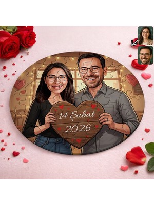 UltraMint Kişiye Özel Sevgili Karikatürlü Yuvarlak Puzzle 20X20CM, Sevgi Dolu Hediye