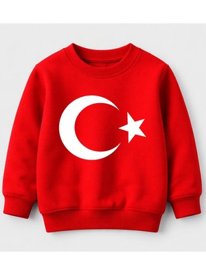 Efendioğlu Design Sweatshirt Ay Yıldız Bayrak Baskılı 23 Nisan Baskılı Pamuklu Kırmızı Çocuk Sweatshirt