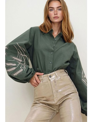 Lior Design Haki Kolları Işlemeli Poplin Dokuma Gömlek BCHESQ-251033