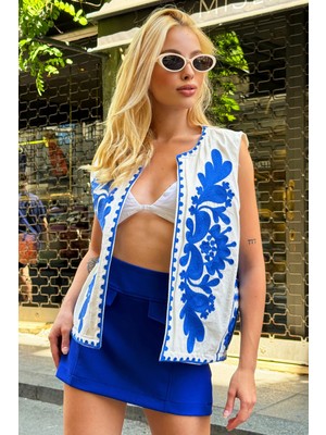 Lior Design Mavi Nakış Işlemeli Özel Tasarım Keten Yelek BCHESQ-251129