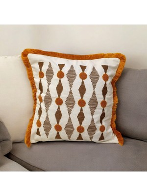 Mutlu Köşe Kenarı Püsküllü Keten Pamuk Kumaş Saçaklı Panç Kırlent Kılıfı (Punch)