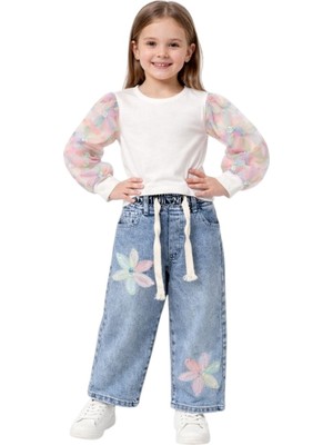 İrem Çocuk Giyim Kız Çocuk Bluzu Pantolonu Çiçek Detaylı Beli Lastikli Geniş Paça Model Pantolon Bluz Takımı