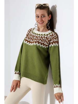 Lior Design Zeytin Yeşili Bisiklet Yaka Kar Desenli Triko Kazak BCES-252028