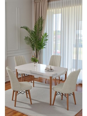 Kaktüs Avm 80X170CM Mutfak Masası Takımı | 4 Kişilik Açılır Masa Sandalye Takımı | Yemek Masası | Masa Takımı - Beyaz Masa - Krem