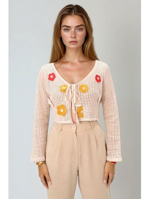 Lior Design Bej Önü Bağcıklı Çiçek Motifli Kroşe Hırka  BCHESQ-251095