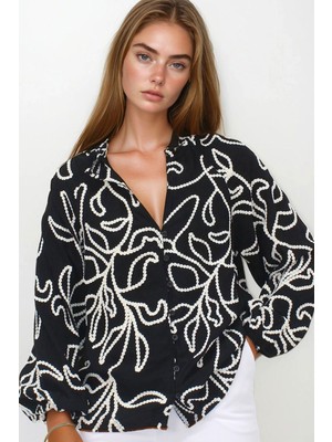 Lior Design Siyah Kordone Nakışlı Premium Dokuma Gömlek BCHESQ-251149