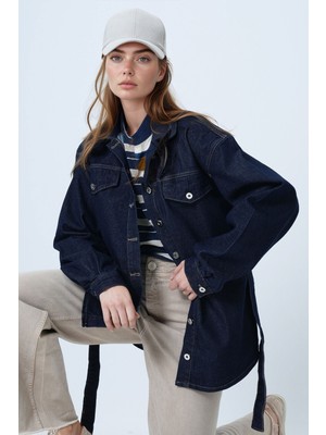 Lior Design Lacivert Beli Kuşaklı Düğme Kapamalı Denim Gömlek BCHNW-251208