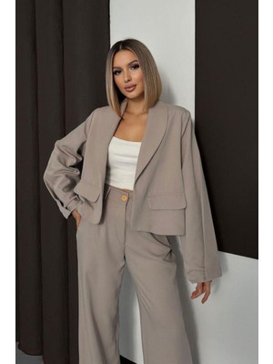 Lior Design Bej Çift Cep Kapaklı Ceket ve Palazzo Pantolon Dokuma Alt Üst Takım BCHN-254002