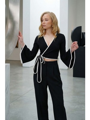 Lior Design Siyah Ispanyol Kol Biye Detaylı Bağlamlı Kruvaze Bluz BCHNT-251223