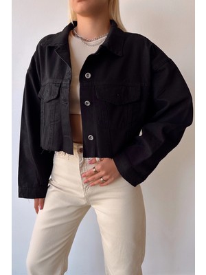 Lior Design Siyah Çift Cepli Lazer Kesim Yıkamalı Crop Denim Ceket BCDF-235408