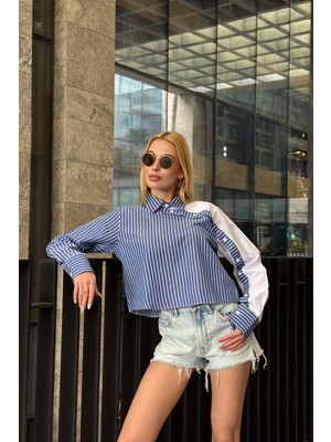 Lior Design Lacivert Çizgili Kontrast Uzun Kollu Asimetrik Düğme Detaylı Crop Gömlek BCHPK-251209