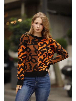Lior Design Turuncu Renk Bloklu Desenli Kışlık Triko Kazak BCES-253014