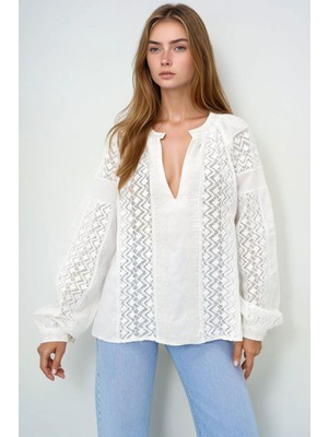 Lior Design Ekru Derin V Yaka Nakış ve Güpür Detaylı Balon Kol Keten Bluz BCHESQ-251081