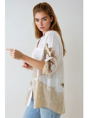 Lior Design Bej Hakim Yaka Çiçek Desenli Keten Gömlek BCHPK-251211