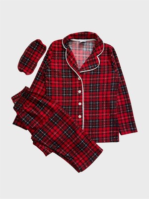 Tusem Butik Homewear Erkek Çocuk Pamuklu Süet Kumaş Kırmızı Ekose Desenli Gömlek Yaka Düğmeli Uyku Bantlı Pijama Takımı
