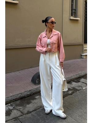Lior Design Pembe Çift Cep Denim Crop Ceket BCDF-255419