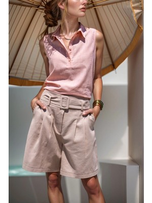 Lior Design Pudra Keten Yarım Patlı Kolsuz Gömlek BCBSK-25700-SS22-7158