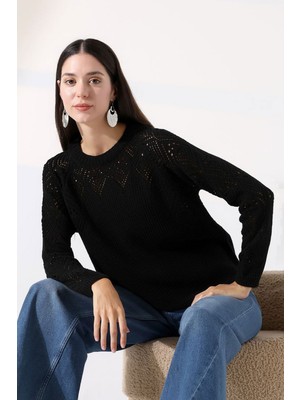 Lior Design Siyah Bisiklet Yaka Motif Işlemeli Triko Kazak BCES-252036