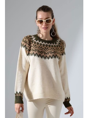 Lior Design Bej Bisiklet Yaka Kar Desenli Triko Kazak BCES-252028