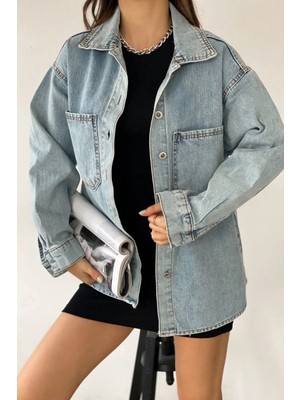 Lior Design Mavi Çift Cepli Yıkamalı Denim Gömlek Ceket BCDF-235403