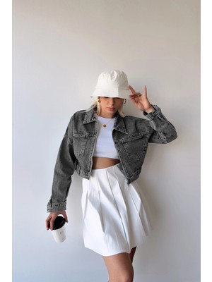 Lior Design Antrasit Çift Cepli Fermuarlı Yıkamalı Crop Denim Ceket BCDF-235410