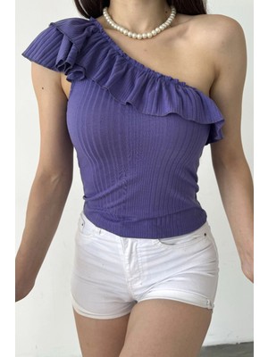 Lior Design Mor Tek Omuz Fırıfır Detaylı Bluz BCDF-251088