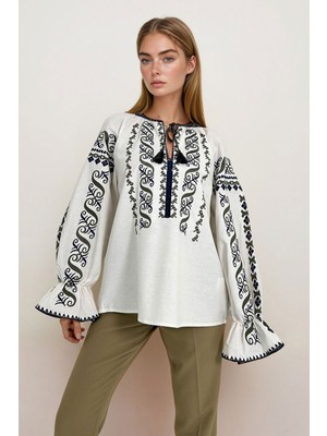 Lior Design Ekru Nakış Işlemeli Bluz BCHESQ-251131