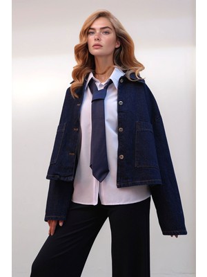 Lior Design Koyu Lacivert Çift Cepli Crop Denim Ceket BCHNW-251189