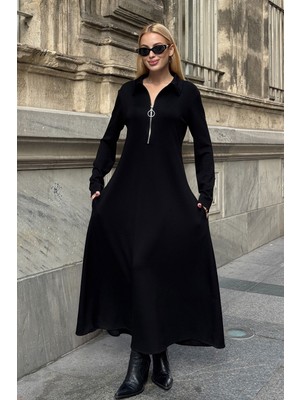 Lior Design Siyah Polo Yaka Fermuarlı Çift Cepli Rahat Kesim Yumuşak Dokulu Örme Elbise BCVL-25V235