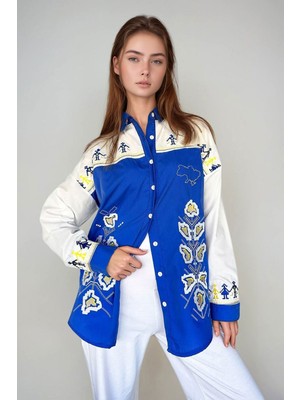 Lior Design Mavi Nakışlı Poplin Oversize Gömlek BCHESQ-251025