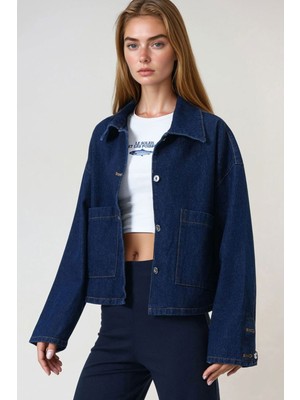 Lior Design Koyu Mavi Çift Cepli Düğme Kapamalı Denim Ceket BCHNW-251201
